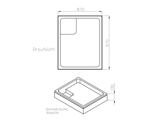 Technische Zeichnung einer Duschwanne mit Maßen 870 x 970 x 130 mm