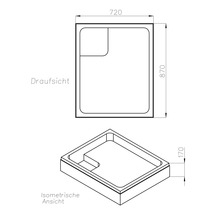 Technische Zeichnung einer Duschwanne mit den Maßen 720 x 870 x 170 Millimeter.