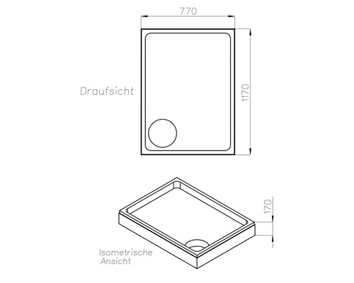 Technische Zeichnung einer Duschwanne mit Maßen 770 x 1170 x 170 mm