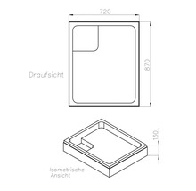 Technische Zeichnung einer Duschwanne mit Maßen
