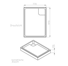 Technische Zeichnung einer Duschwanne mit Maßangaben 770 x 970 x 170 mm.