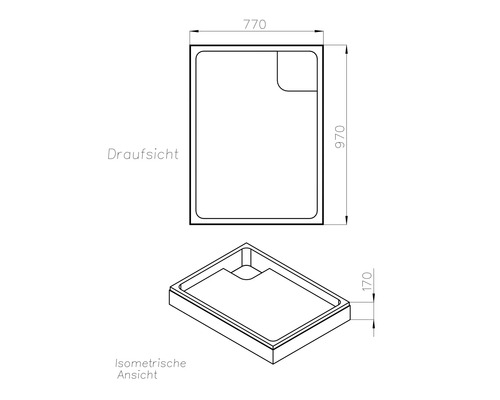 Technische Zeichnung einer Duschwanne mit Maßangaben 770 x 970 x 170 mm.