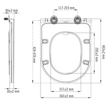Technische Zeichnung eines WC-Sitzes mit Maßangaben.