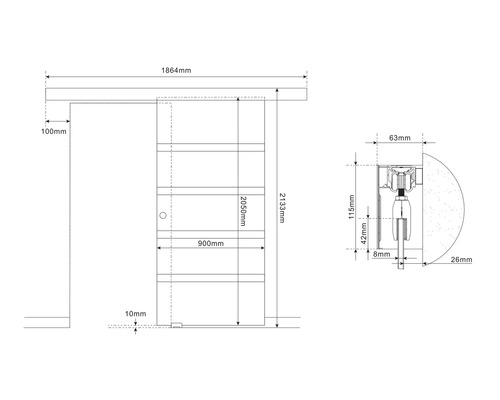 Technische Zeichnung einer Schiebetür mit Maßangaben