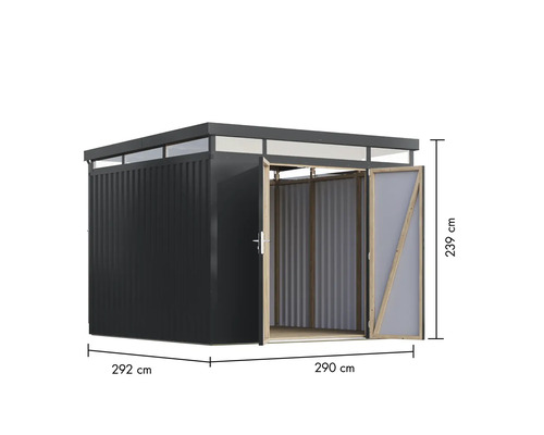 Abbildung eines Gerätehauses mit den Maßen 292 x 290 x 239 cm