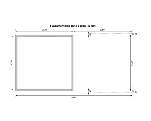 Fundamentplan ohne Boden mit Maßangaben in Millimeter