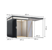 Abbildung eines Gartenhauses mit den Maßangaben