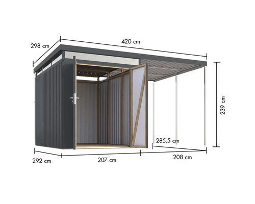 Abbildung eines Gerätehauses mit offenen Türen und Maßangaben.