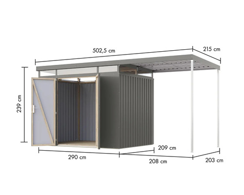 Ansicht eines Gerätehauses mit Abmessungen