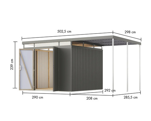 Abmessungen des Gerätehauses mit Vordach