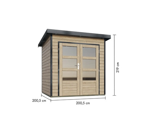 Gartenhaus aus Holz mit Doppeltür und Maßangaben 219 x 200,5 x 200,5 Zentimeter