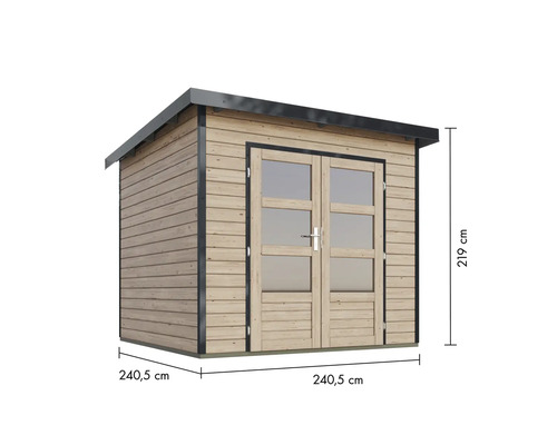 Gartenhaus aus Holz mit Doppeltür und den Maßen 240,5 x 240,5 x 219 cm