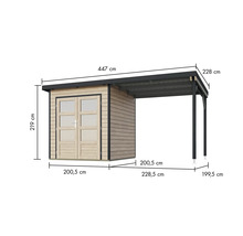 Abbildung eines Gerätehauses mit Anbaudach und Maßangaben.