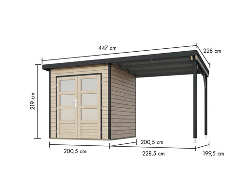 Abbildung eines Gerätehauses mit Anbaudach und Maßangaben.
