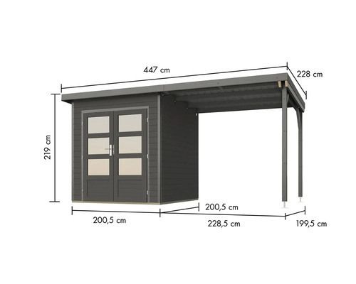 Gartenhaus mit Anbau und Maßangaben