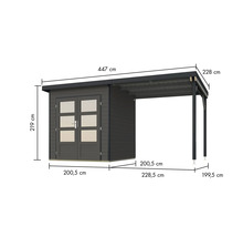 Abbildung eines Gerätehauses mit Vordach und Maßangaben