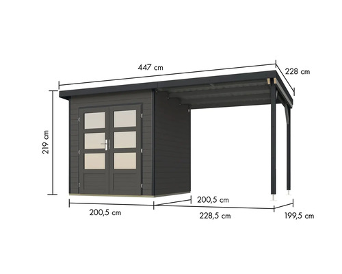 Abbildung eines Gerätehauses mit Vordach und Maßangaben