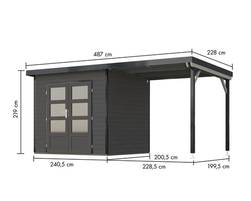 Abmessungen des Gerätehauses mit Vordach