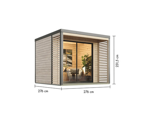 Holz Gartenhaus mit Schiebetür und den Maßen 276 mal 276 mal 231,5 Zentimeter