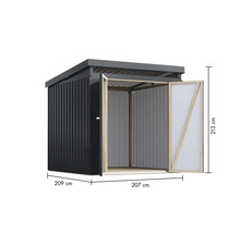 Gartenschuppen mit geöffneten Türen und Maßangaben.