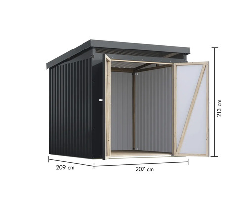 Gartenschuppen mit geöffneten Türen und Maßangaben.