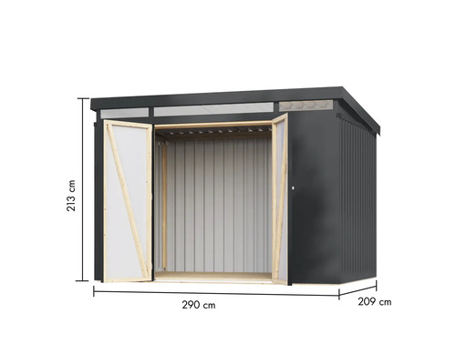 Geräteschuppen mit offenen Türen und Maßangaben