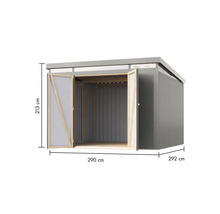 Geräteschuppen mit den Maßen 213 cm Höhe, 290 cm Breite und 292 cm Tiefe.