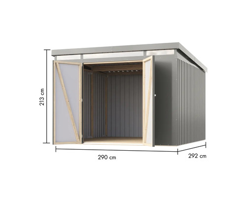 Geräteschuppen mit den Maßen 213 cm Höhe, 290 cm Breite und 292 cm Tiefe.