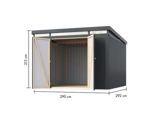 Geräteschuppen aus Metall mit offenen Doppeltüren und Größenangaben