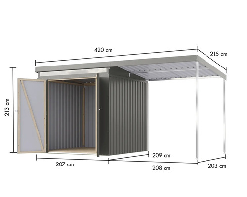 Gartengerätehaus mit offenstehender Tür und Carport mit Maßangaben