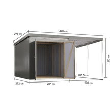 Abbildung eines Gerätehauses mit Maßangaben.