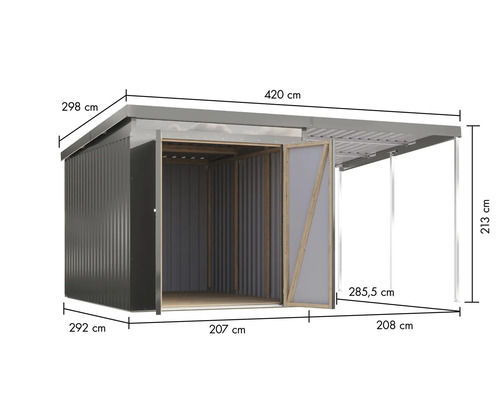 Abbildung eines Gerätehauses mit Maßangaben.