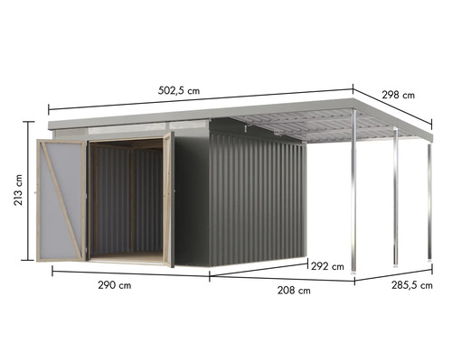 Abbildung eines Gerätehauses mit Abmessungen.