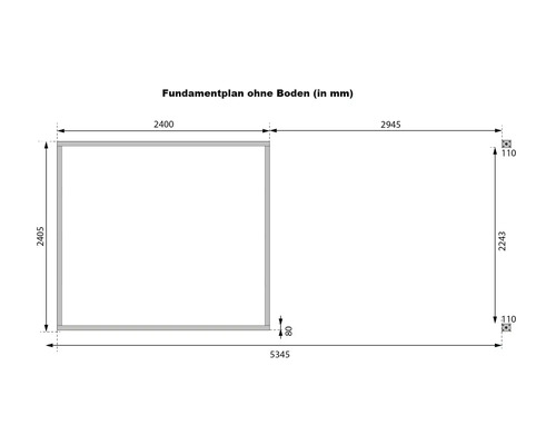 Fundamentplan ohne Boden mit Maßangaben in Millimeter