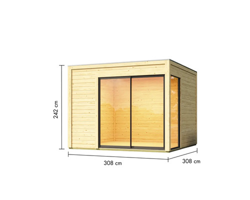 Holzgartenhaus mit Schiebetür und den Maßen 308 x 308 x 242 cm