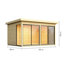 Holzgartenhaus mit Schiebetüren und Maßangaben