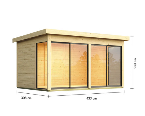 Holzgartenhaus mit Schiebetüren und Maßangaben