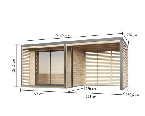 Abbildung eines Gartenhauses mit Maßangaben