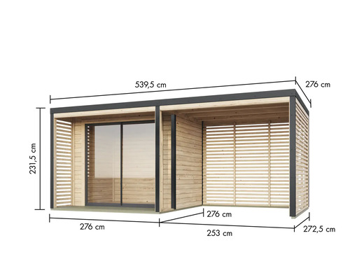 Illustration einer Gartenlounge mit Abmessungen