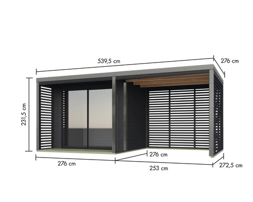 Illustration einer Terrassenüberdachung mit Größenangaben.