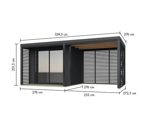 Abbildung eines Gartenhauses mit Maßangaben.