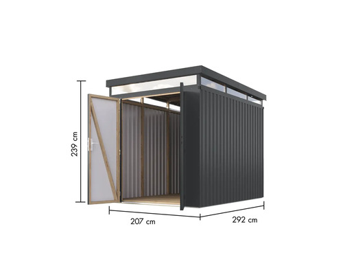 Gartenhaus mit Abmessungen: 239 cm Höhe, 207 cm Türbreite und 292 cm Breite.