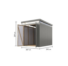 Abgebildet ist ein Gerätehaus mit den Maßen 239 cm Höhe, 207 cm Breite und 292 cm Tiefe. Die Tür ist geöffnet.