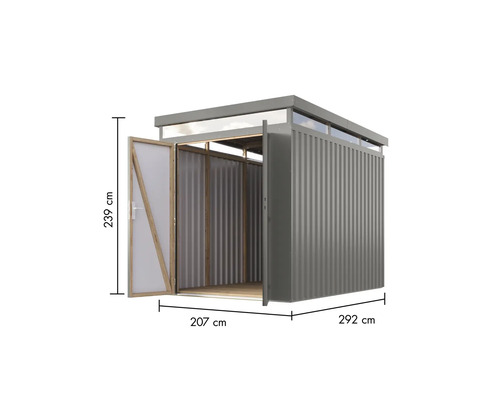Abgebildet ist ein Gerätehaus mit den Maßen 239 cm Höhe, 207 cm Breite und 292 cm Tiefe. Die Tür ist geöffnet.
