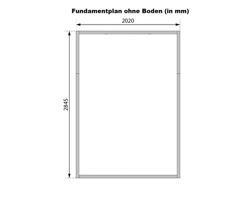Fundamentplan ohne Boden mit Maßangaben in Millimeter