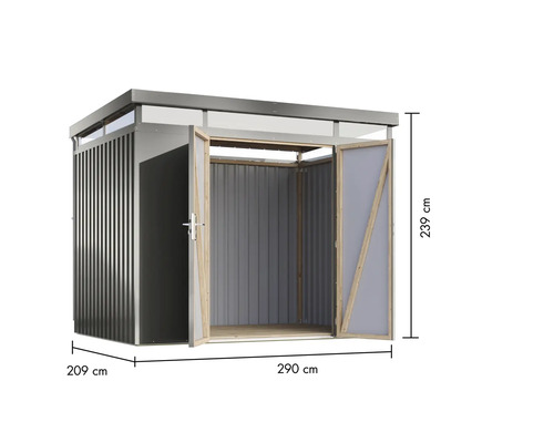 Gartenhaus aus Metall mit Doppeltür und Größenangaben