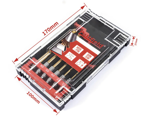 Bohrer-Set in einer transparenten Kunststoffbox mit Größenangaben