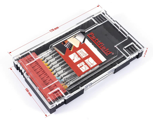 Pattfield Stichsägeblatt Set in einer transparenten Box mit den Maßen 170 mm x 100 mm x 27 mm