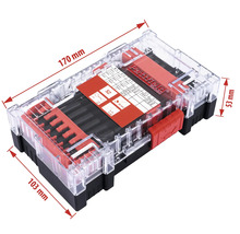 Partfield Bitsatz in einer transparenten Kunststoffbox mit Größenangaben