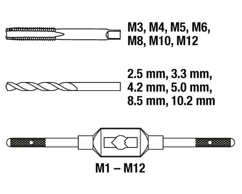 Gewindebohrer M3, M4, M5, M6, M8, M10, M12 mit Bohrern 2,5 mm, 3,3 mm, 4,2 mm, 5,0 mm, 8,5 mm, 10,2 mm und Schneideisenhalter M1 bis M12